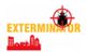 Red bug target graphic with "Exterminator" text, cityscape silhouette below.