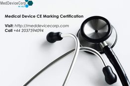 Stethoscope with text: "Medical Device CE Marking Certification. Visit meddevicecorp.com or call."