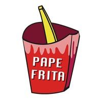 Caja roja de papas fritas con una papa sobresaliendo; texto: "Pape Frita".
