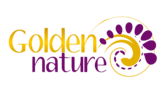 Logo de Golden Nature con texto amarillo y púrpura, y diseño de espiral de hojas.