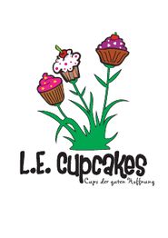 Illustration mit drei Cupcakes auf Pflanzen. Text: "L.E. Cupcakes, Cups der guten Hoffnung".