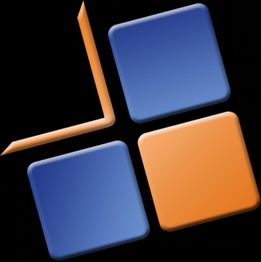 Vier abgerundete Quadrate, drei blaue, eines orange, auf schwarzem Hintergrund.