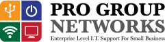 Pro Group Networks logo with tech icons and slogan "Enterprise Level I.T. Support for Small Business."