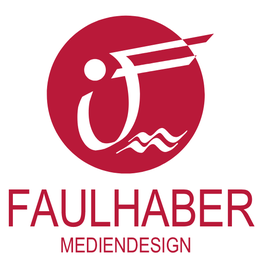 Rotes Logo „Faulhaber Mediendesign“ mit stilisiertem Drehknopf und Linien auf rotem Kreis.