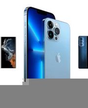 Smartphones modernos: dos en segundo plano, uno grande azul en primer plano.