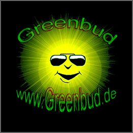 Grinsende Sonne mit Sonnenbrille, umgeben von "Greenbud" und "www.Greenbud.de" auf schwarzem Hintergrund.
