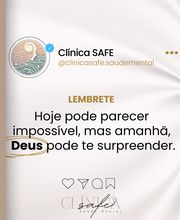 Imagem com texto motivacional sobre superação e fé, mencionando a surpresa divina no amanhã.