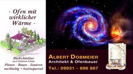 Illustration eines Hauses und einer Galaxie mit Kontaktdaten eines Architekten und Ofenbauers.