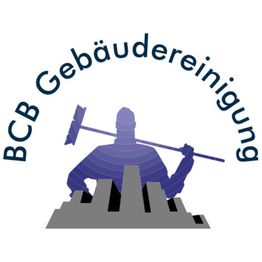 Logo mit Schriftzug "BCB Gebäudereinigung", Figur mit Besen vor Hochhäusern.