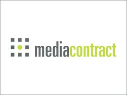 Logo mit Schriftzug "mediacontract" in Grau und Grün, daneben graue und grüne Quadrate.