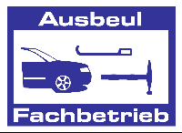 Blau-weiße Grafik mit Auto gerichtet am Schriftzug "Ausbeul Fachbetrieb".