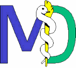 Buchstaben "M" und "D" mit Äskulapstab, Schlange und Feder als medizinisches Symbol.