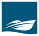 Weißes Boot auf blauem Hintergrund, stilisiertes Logo.