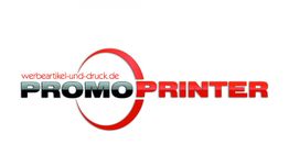 Logo mit Text „PromoPrinter“ und „werbeartikel-und-druck.de“ in Rot und Schwarz.