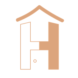 Ein stilisiertes Hauslogo mit einem H, in zwei Farben geteilt, symbolisiert eine Eingangstür.