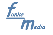 Logo mit Schriftzug "Funke Media" in blauer, kursiver Schrift.