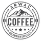 Ronde Arwac Coffee-logo met bergen en tekst "Colombian Specialty".