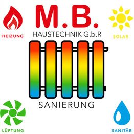 Logo mit Heizung, Solar, Lüftung, Sanitär. Text: M.B. Haustechnik G.b.R Sanierung.