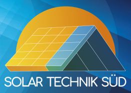 Logo mit stilisierten Solarzellen, leuchtender Sonne im Hintergrund, Text: Solar Technik Süd.