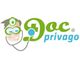Logo mit Comic-Arzt, Stethoskop und Text "Doc privago".