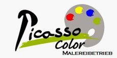 Logo mit Schriftzug "Picasso Color Malereibetrieb" und einer Farbpalette.