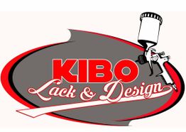 Logo mit Text "KIBO Lack & Design", Spraypistole-Illustration rechts daneben.