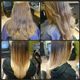 Four photos showing a before-and-after hair transformation with a smooth, ombre effect.