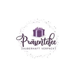 Lila Geschenkbox und der Schriftzug "Präsentefee - zauberhaft verpackt" mit funkelnden Punkten.