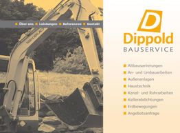 Bagger in Baustellenumgebung mit Dippold Bauservice, Menü und Leistungsübersicht.
