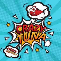 Comic-style "Crazy Tuna" logo with colorful fish and text on a blue background.