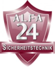 Rotes Schildlogo mit Text "ALFA 24 Sicherheitstechnik".