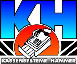 „KH Kassensysteme Hammer“-Logo mit Registrierkasse, blauem Verlauf und orangem Kreis.