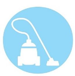 White vacuum icon on a blue circle background.