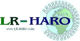 Logo mit Weltkugel, Text "LR-HARO", Webseite www.LR-HARO.com. Kreismuster um die Weltkugel.
