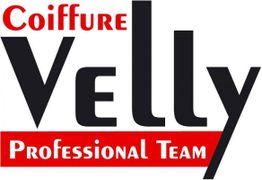 Logo mit Text "Coiffure Velly Professional Team" in Rot und Schwarz.