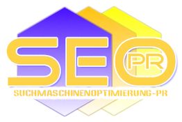 Logo mit den Buchstaben "SEO PR" in Gelb, darunter steht "Suchmaschinenoptimierung-PR".