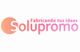 Logotipo con texto "Solupromo, Fabricando tus Ideas" en degradado naranja y rosa.
