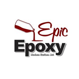 "Logo of 'Epic Epoxy' with red liquid flowing from a tilted glass, tagline 'Modern Surface Art'."