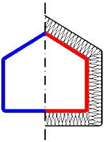 Skizze eines Hauses mit blauer und roter Linie, schraffierte Hälfte rechts, senkrechte Teilung.