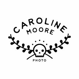 Logo with "Caroline Moore Photo" and a stylized skull framed by leafy branches.