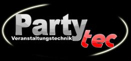 Logo mit Text "Party Veranstaltungstechnik" in Grau und Rot auf schwarzem Hintergrund.
