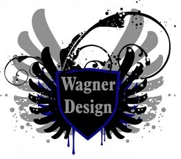 Schwarzes Wappen mit "Wagner Design", Flügel und Spritzer im Hintergrund.
