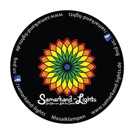 Eine bunte, florale Grafik mit dem Text "Samarkand-Lights: Eine Reise zum Licht des Orients".