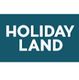 Textlogo "Holiday Land" auf dunkelgrünem Rechteck.
