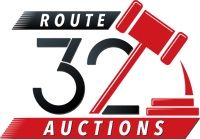 Logo of Route 32 Auctions with a red gavel and black text on a white background.