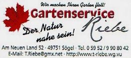 Gartendienst-Anzeige mit Ahornblatt, Kontaktinformationen und Slogan: "Der Natur nahe sein!".