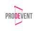 Logo con texto "PRODEVENT" y gráfico de una hoja de papel en tonos grises y rojos.