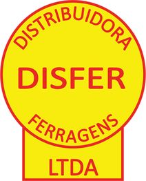 Logotipo circular amarelo com borda vermelha, texto: "Distribuidora Disfer Ferragens LTDA."