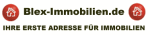 Logo von Blex-Immobilien.de mit Slogan "IHRE ERSTE ADRESSE FÜR IMMOBILIEN" und Icons von Häusern.