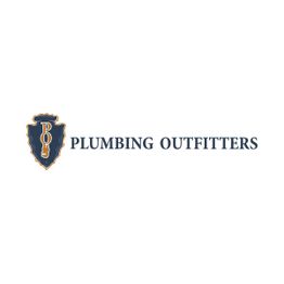Logo showing a "PO" shield beside the text "Plumbing Outfitters" in black.